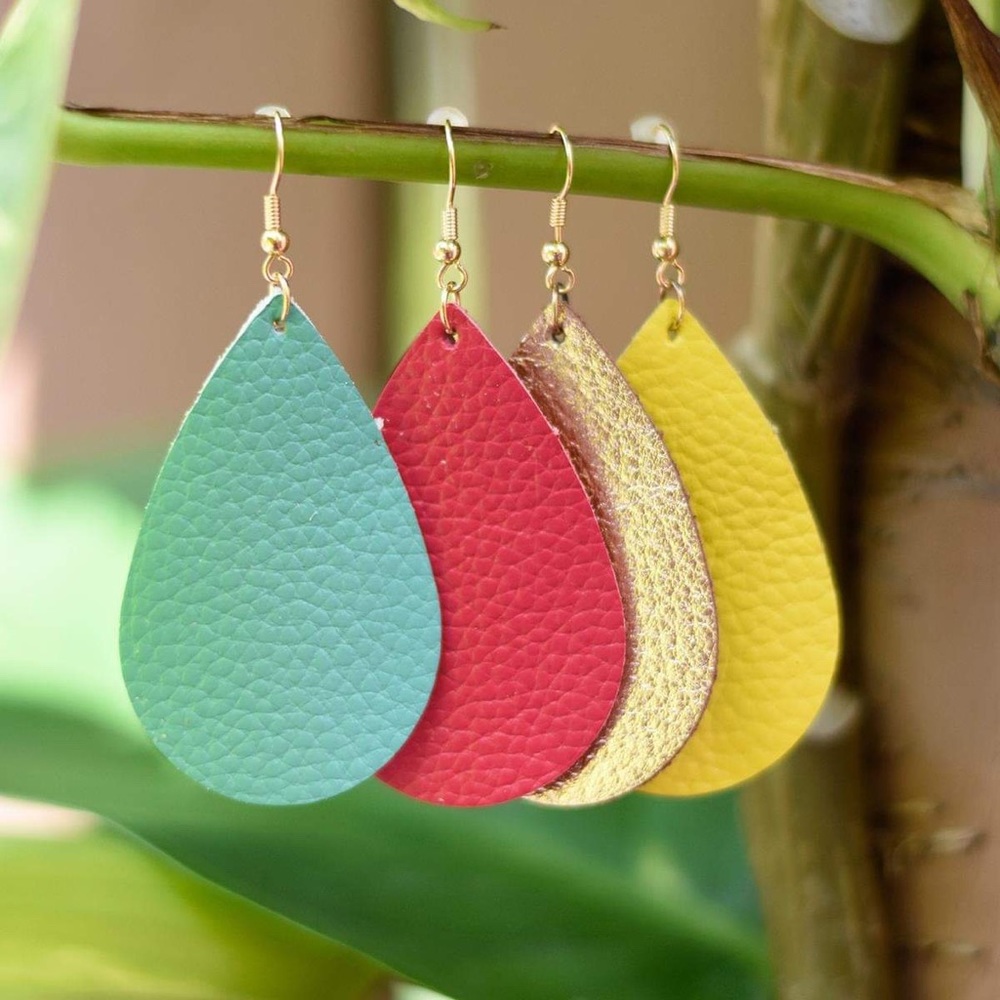 Turquoise Teardrop Leather Earrings - Picture 2 of 3